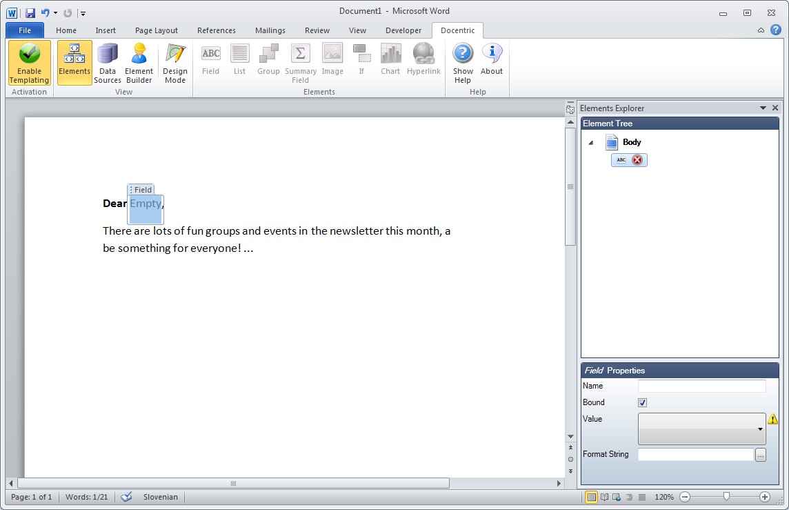 Field element Properties in the Elements Explorer pane